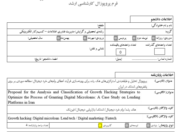 پروپوزال تحلیل و طبقه‌بندی استراتژی‌های هک رشد برای بهینه‌سازی فرآیند اعطای وام‌های خرد دیجیتال: مطالعه موردی بر روی پلتفرم‌های لندتک در ایران