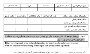 پوشش مرزی شبکه حسگر بی‌سیم, Boundary Coverage in Wireless Sensor Networks, بهینه‌سازی پوشش گره‌ها, Node Coverage Optimization, الگوریتم‌های هوشمند در WSN, Intelligent Algorithms in WSN, رفع نواحی فاقد پوشش, Coverage Hole Recovery, منطق فازی در پوشش شبکه, Fuzzy Logic for Coverage Optimization, بهینه‌سازی مصرف انرژی, Energy Consumption Optimization, تخصیص بهینه حسگرها, Optimal Sensor Deployment, الگوریتم‌های تکاملی در WSN, Evolutionary Algorithms in WSN, بهبود کارایی پوشش‌دهی, Coverage Efficiency Improvement, الگوریتم پیشنهادی رفع پوشش مرزی, Proposed Algorithm for Boundary Coverage, , دانلود پروپوزال , پروپوزال ,پروپوزال آماده, ماکان تزیز, makanthesis