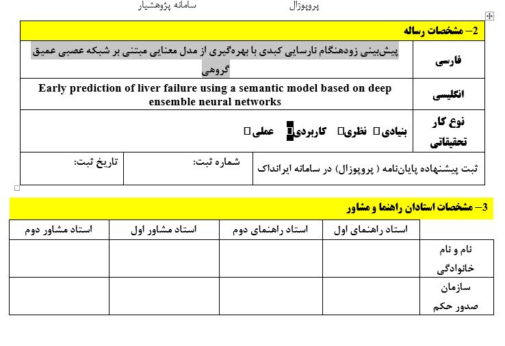 Capture پروپوزال پیشبینی زودهنگام نارسایی کبدی با بهرهگیری از مدل معنایی مبتنی بر شبکه عصبی عمیق گروهی