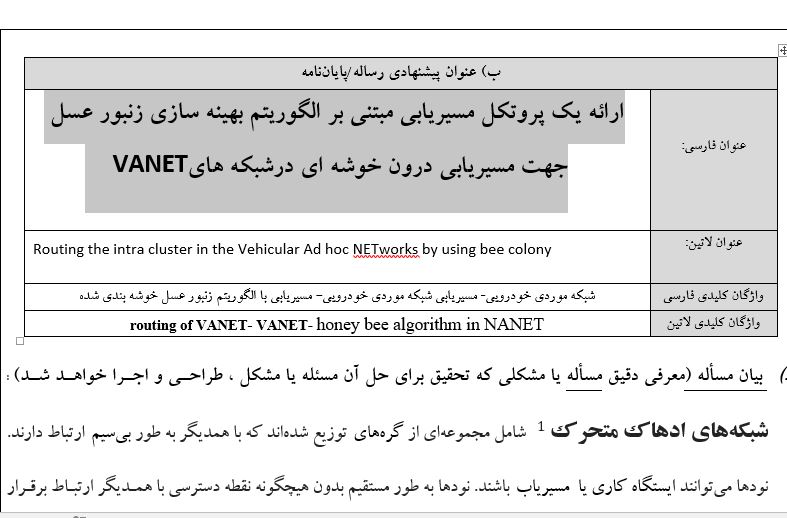 Capture پروپوزال ارائه یک پروتکل مسیریابی مبتنی بر الگوریتم بهینه سازی زنبور عسل جهت مسیریابی درون خوشه ای درشبکه های VANET
